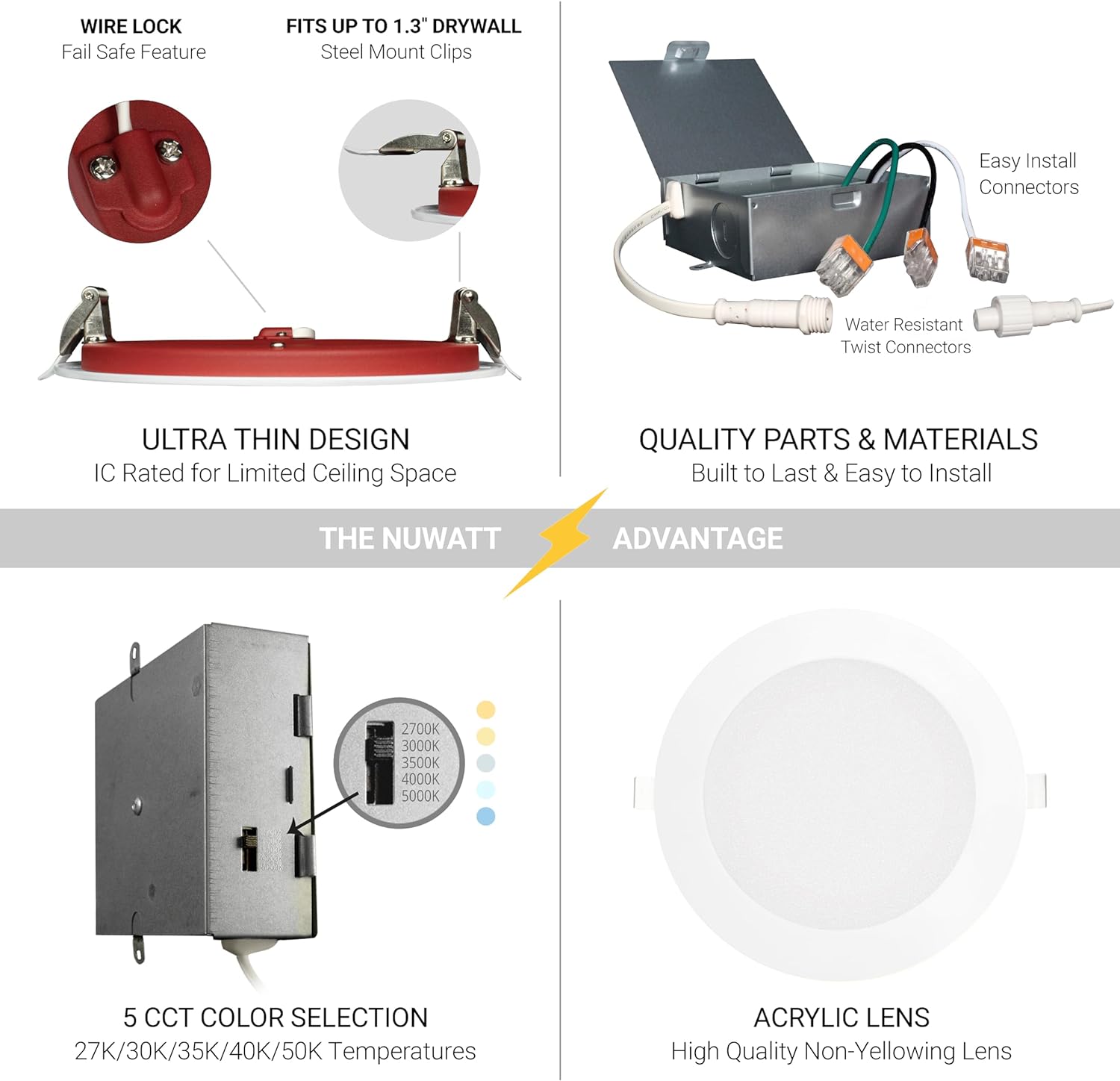 NUWATT 12 Pack, 6 Inch 2 Hour FIRE Rated Ultra-Thin LED Recessed Light, 2700K/3000K/3500K/4000K/5000K Selectable, 1200 Lumens, Dimmable, IC Rated, Wet Rated Canless LED Downlight, No Fire Cone Needed - Image 7
