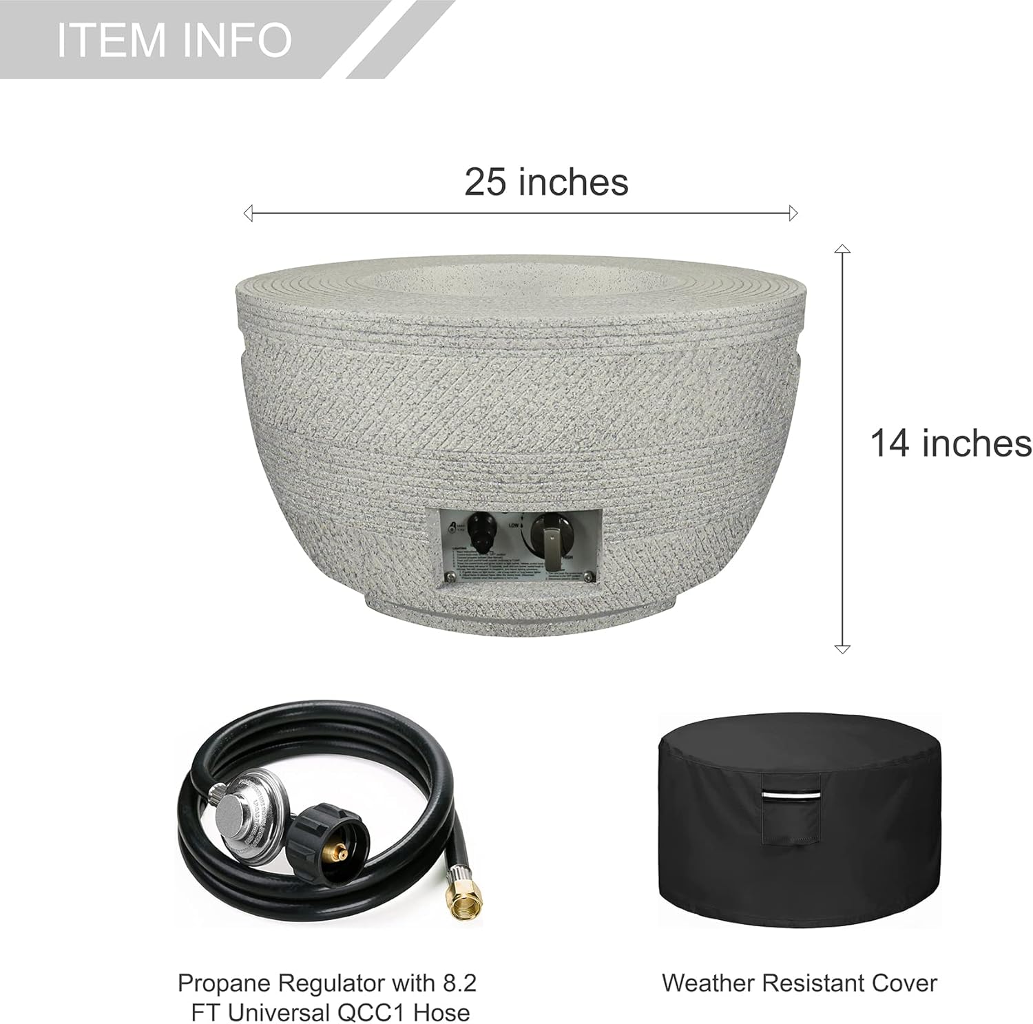 Kante 25 Inch Wide Round Biondo Grigio Concrete and Metal Outdoor Eco-Friendly Smokeless 50,000 BTU Propane Gas Modern Fire Pit with Waterproof Cover (BTW01-C91959) - Image 2