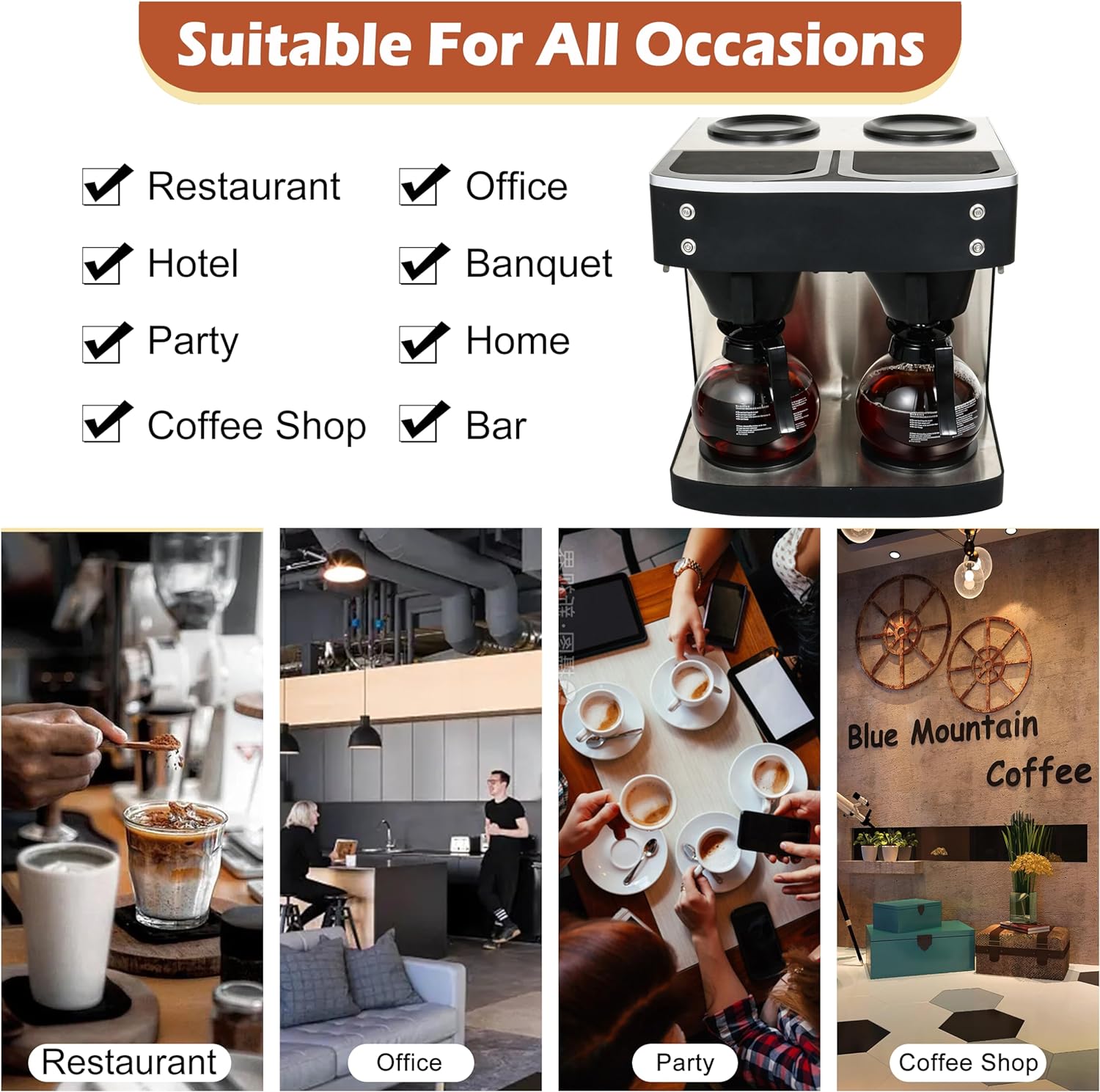 Commercial Coffee Maker Commercial Coffee Machine, 24-Cup Coffee Maker, Automatic Pour Over Coffee Brewer with 4 Warmer Pads, 2 Glass Decanter in 1.8L Capacity, Black - Image 6