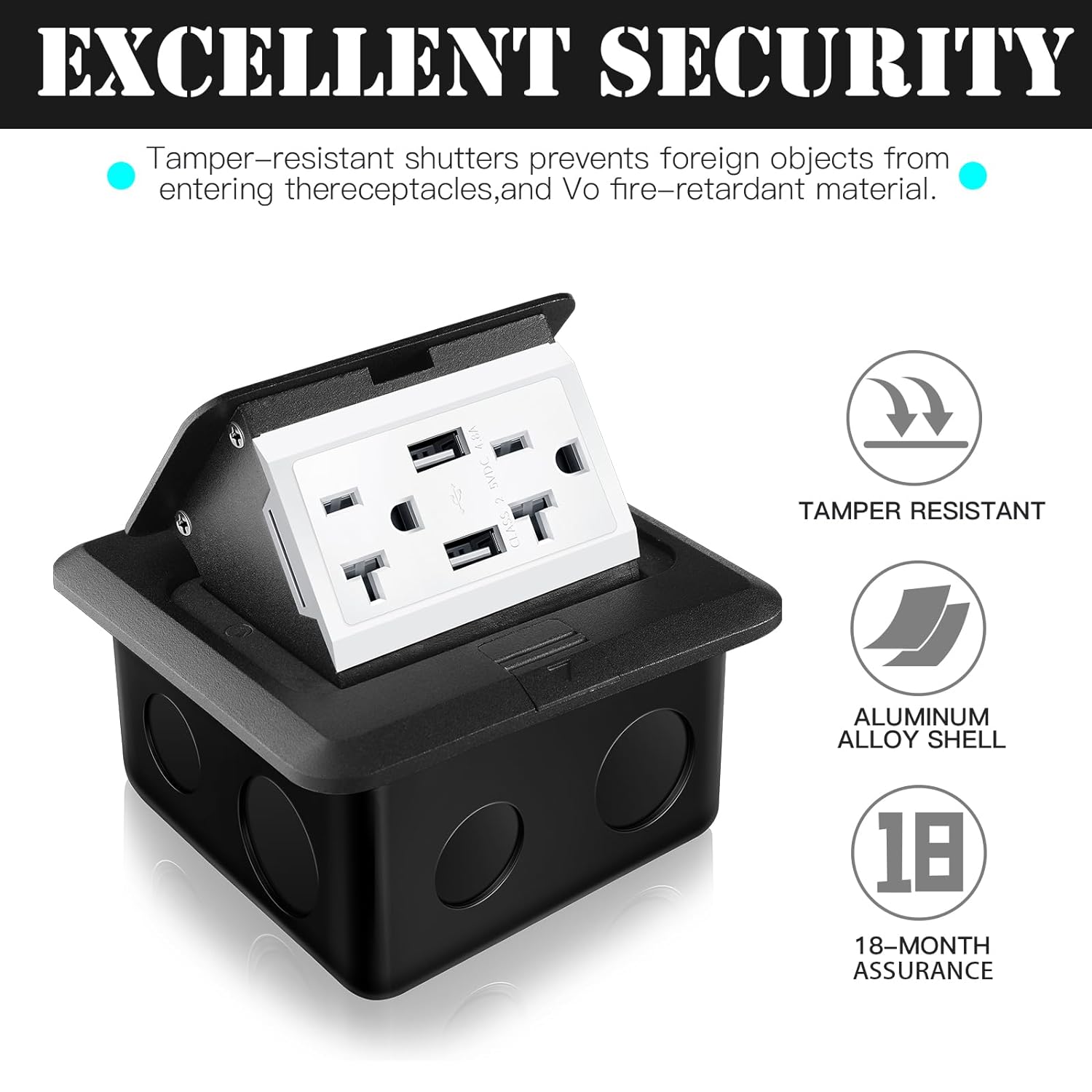 Hoolerry 8 Pack Pop up Floor Outlet Kit Waterproof Electrical Outlet Cover Box with 4.8A USB Charger 20Amp Weatherproof Floor Outlet Tamper Resistant Outlet Receptacle for Countertop Home (Black) - Image 4