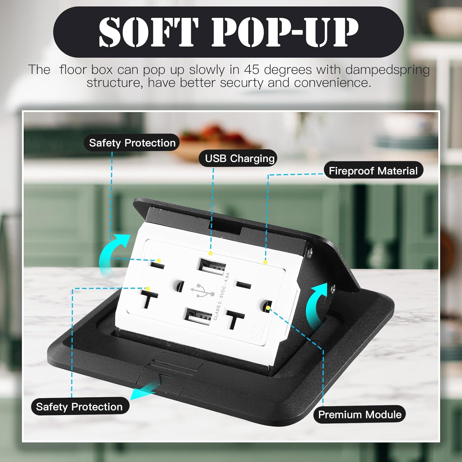 Hoolerry 8 Pack Pop up Floor Outlet Kit Waterproof Electrical Outlet Cover Box with 4.8A USB Charger 20Amp Weatherproof Floor Outlet Tamper Resistant Outlet Receptacle for Countertop Home (Black) - Image 3