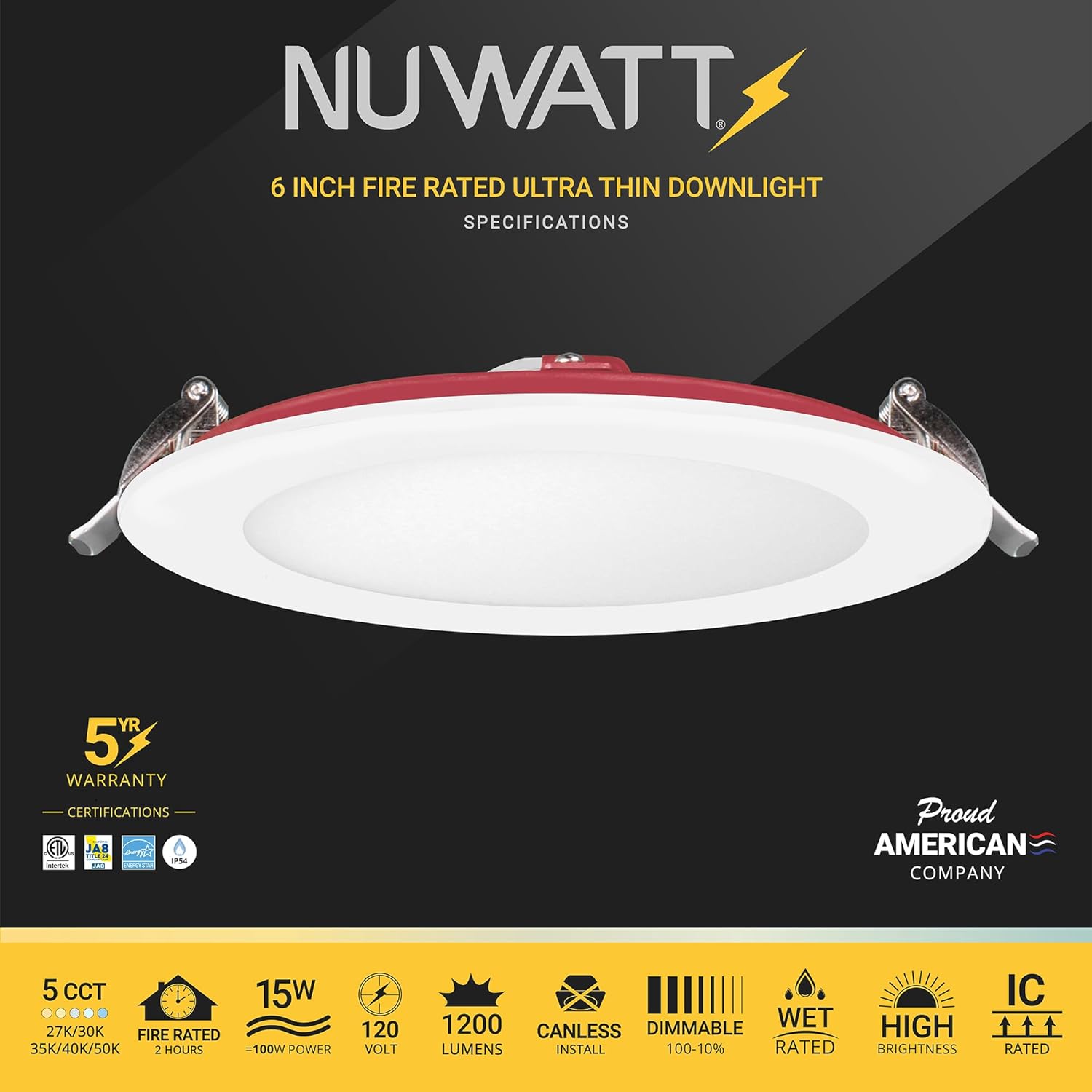 NUWATT 12 Pack, 6 Inch 2 Hour FIRE Rated Ultra-Thin LED Recessed Light, 2700K/3000K/3500K/4000K/5000K Selectable, 1200 Lumens, Dimmable, IC Rated, Wet Rated Canless LED Downlight, No Fire Cone Needed - Image 2