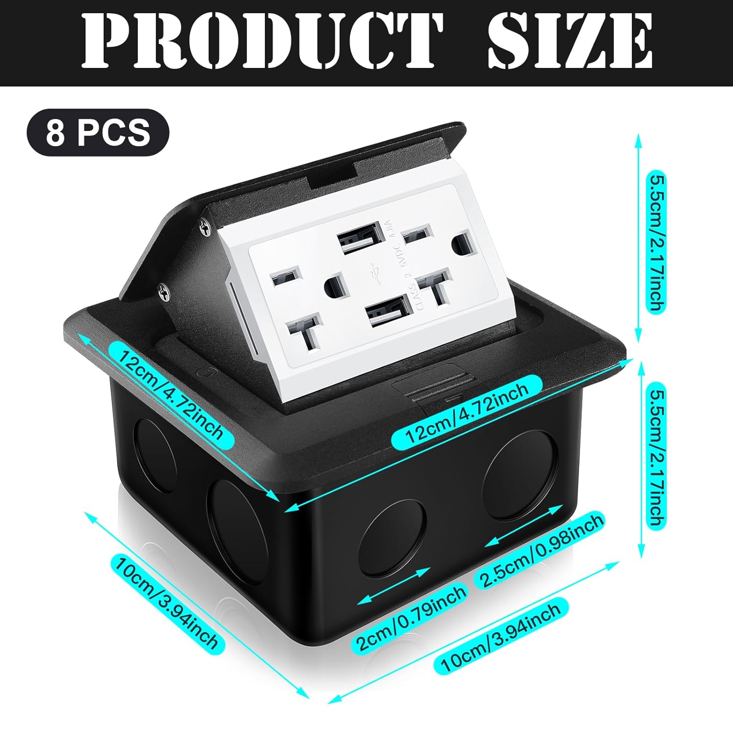 Hoolerry 8 Pack Pop up Floor Outlet Kit Waterproof Electrical Outlet Cover Box with 4.8A USB Charger 20Amp Weatherproof Floor Outlet Tamper Resistant Outlet Receptacle for Countertop Home (Black) - Image 2