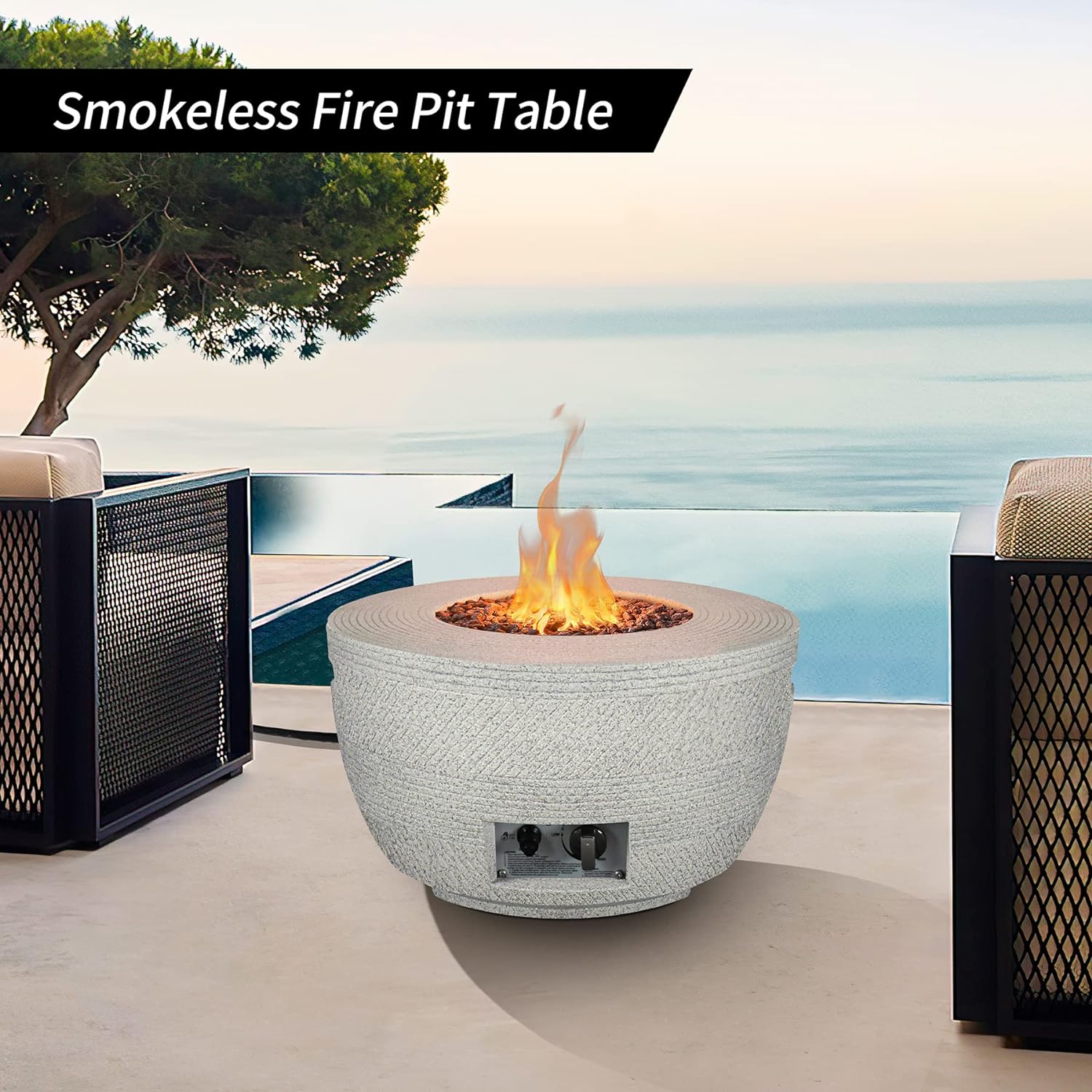 Kante 25 Inch Wide Round Biondo Grigio Concrete and Metal Outdoor Eco-Friendly Smokeless 50,000 BTU Propane Gas Modern Fire Pit with Waterproof Cover (BTW01-C91959) - Image 4