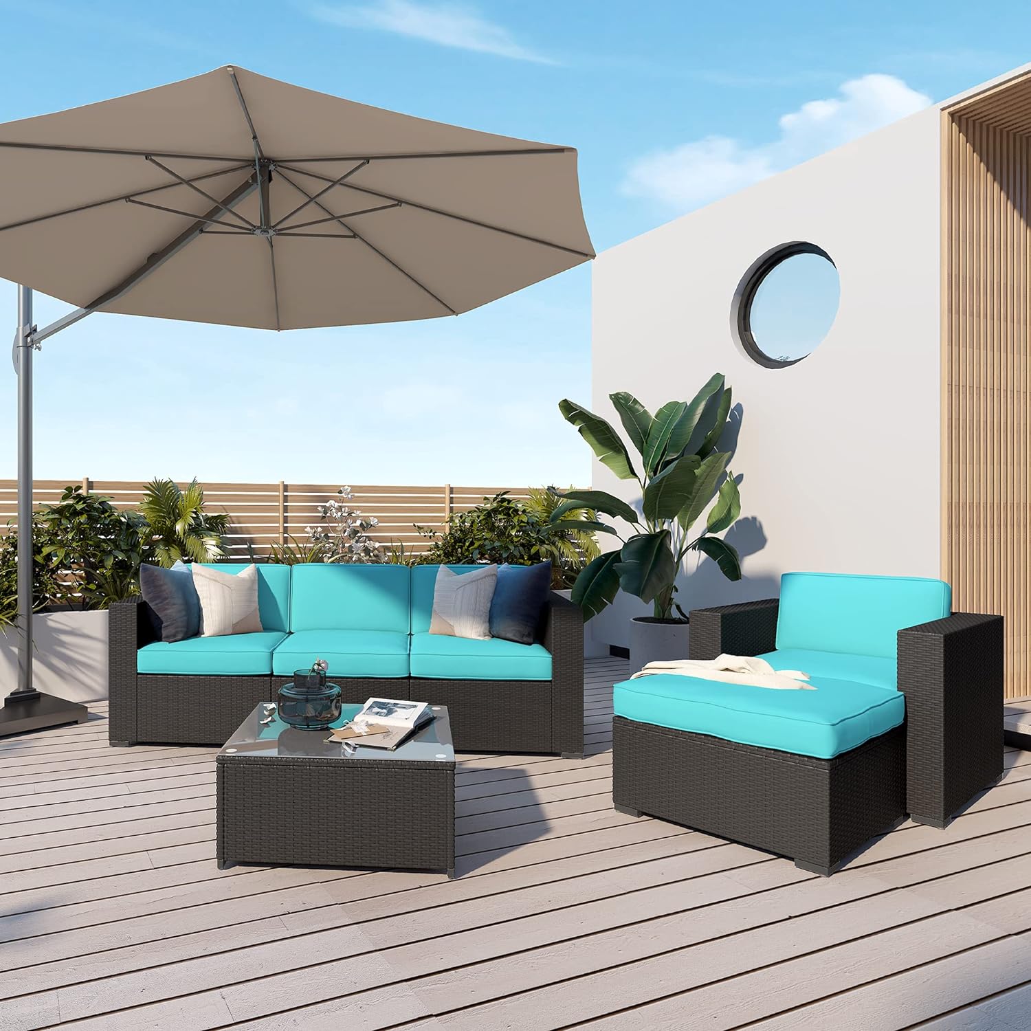 AcePRO Rio 6 Piece Patio Conversation Garden Sectional Sofa Outdoor Furniture Couch Set, Brown Wicker and Beige Cushion, Blue (WIT200038) - Image 2