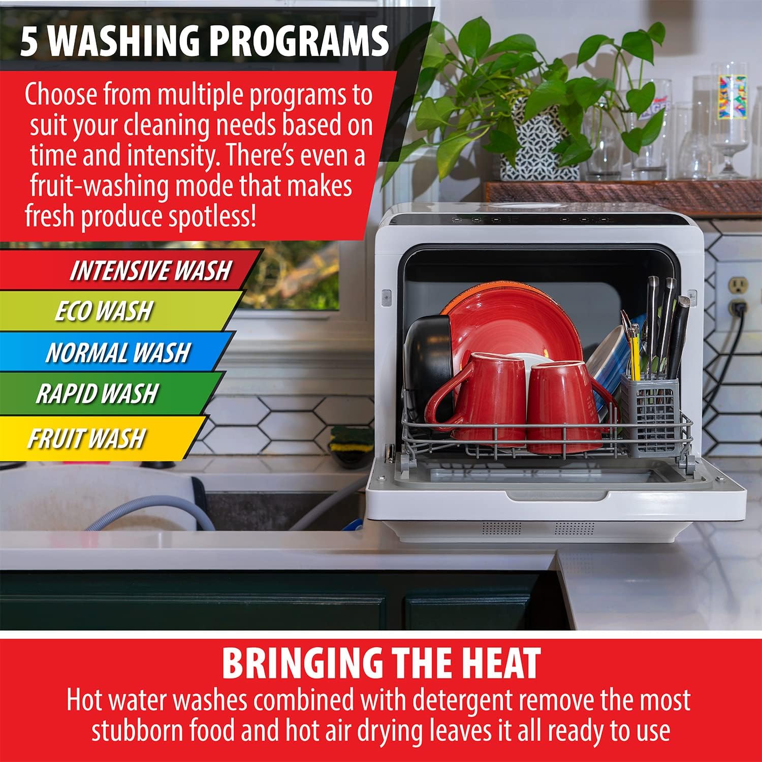 Deco Home Portable Countertop Dishwasher with Built-In Water Tank and Hook Up, 5 Cleaning Modes, Drying Heating Element - Image 3