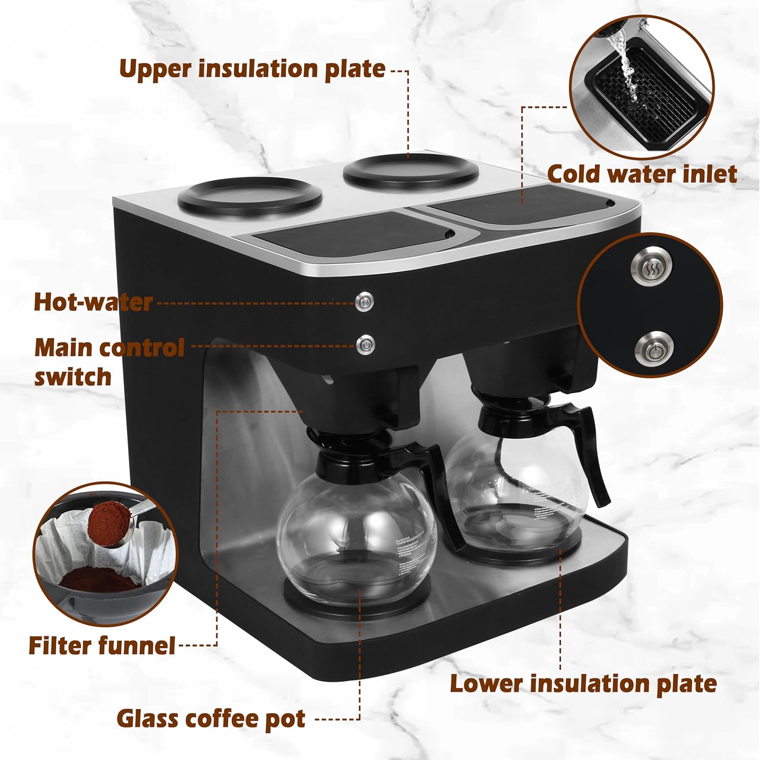 Commercial Coffee Maker Commercial Coffee Machine, 24-Cup Coffee Maker, Automatic Pour Over Coffee Brewer with 4 Warmer Pads, 2 Glass Decanter in 1.8L Capacity, Black - Image 3