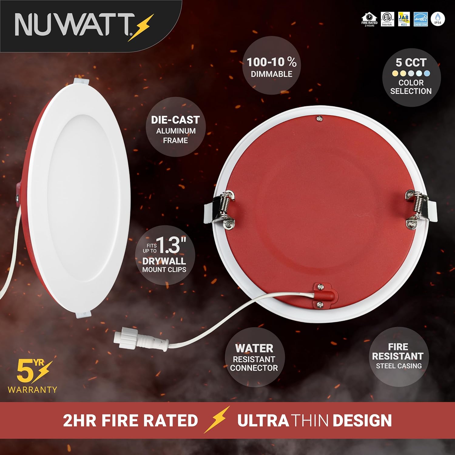 NUWATT 12 Pack, 6 Inch 2 Hour FIRE Rated Ultra-Thin LED Recessed Light, 2700K/3000K/3500K/4000K/5000K Selectable, 1200 Lumens, Dimmable, IC Rated, Wet Rated Canless LED Downlight, No Fire Cone Needed - Image 4