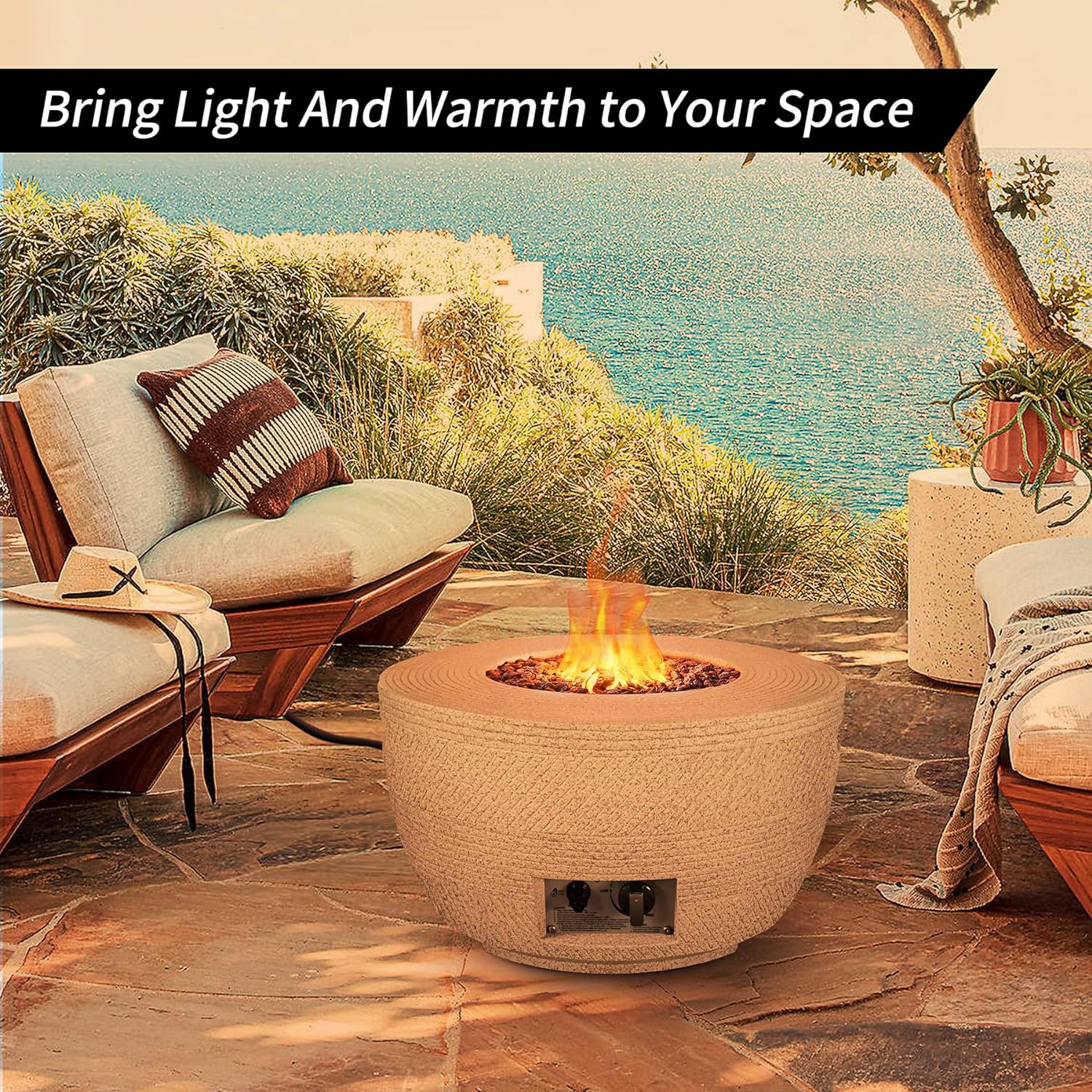 Kante 25 Inch Wide Round Biondo Grigio Concrete and Metal Outdoor Eco-Friendly Smokeless 50,000 BTU Propane Gas Modern Fire Pit with Waterproof Cover (BTW01-C91959) - Image 6