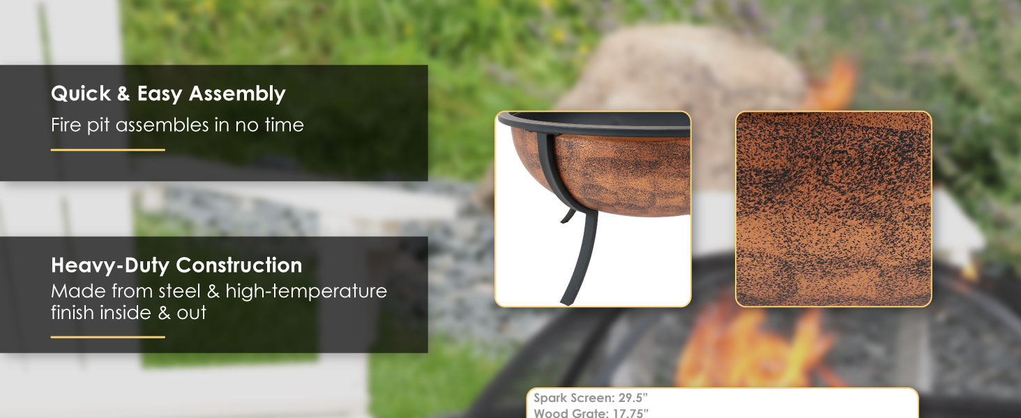 32 Inch Raised Outdoor Fire Pit Bowl with Spark Screen, quick and easy assembly, steel construction