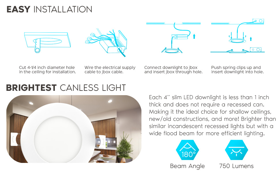 LED Recessed Ultra Thin Slim Downlights Retrofit Lights No Can Housing 4 Inch 4" Shallow Ceiling