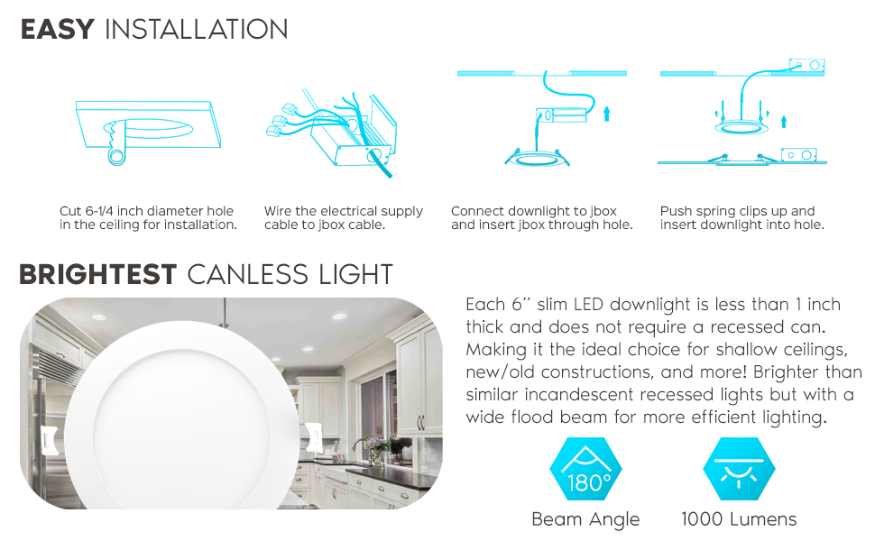 LED Recessed Ultra Thin Slim Downlights Retrofit Lights No Can Housing 6 Inch 6" Shallow Ceiling