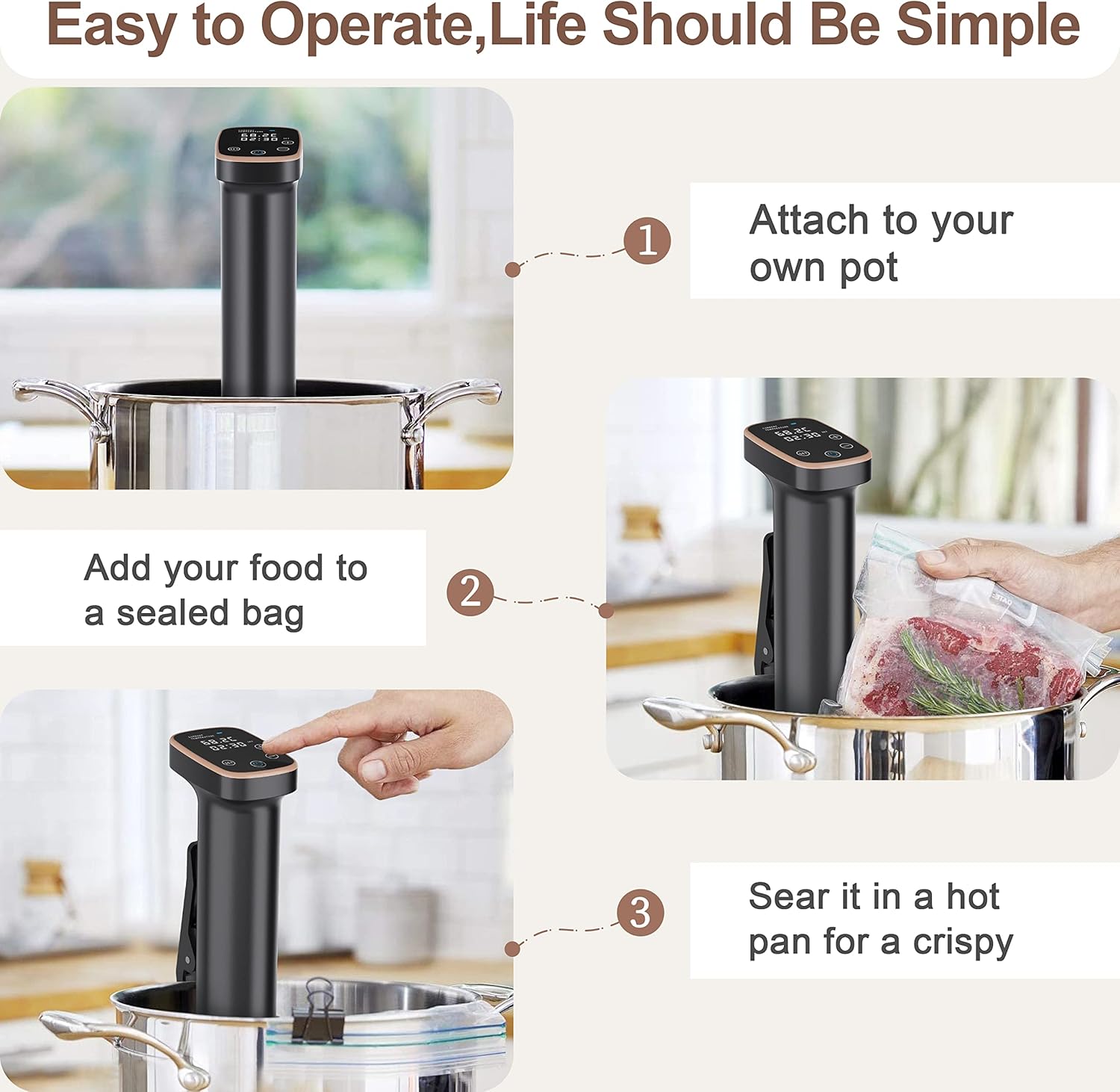 Sous Vide Cooker, 1100W Sous Vide Machine, Ultra-quiet Fast-Heating Immersion Circulator Precise Cooker with Big Touchscreen Accurate Temperature and Time Control, IPX7 Waterproof - Image 5