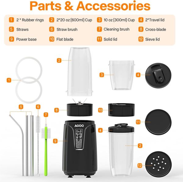 Blender for Shakes and Smoothies, 850W Personal Blender Smoothie Maker, 17 Pieces Countertop Blenders for Kitchen with 6-Edge Blade, Smoothie Blender with 2 * 20 oz To-Go Cups BPA Free, PB-2110 - Image 7