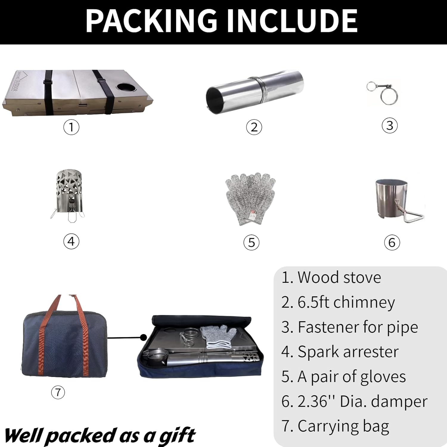 DANCHEL OUTDOOR HS6 Hot Tent Wood Stove with Glass for Camping, 304 Stainless Steel Secondary Combustion Folding Stove Portable with Reinforced Side Backpacking, 6.5ft/2M Chimney - Image 7