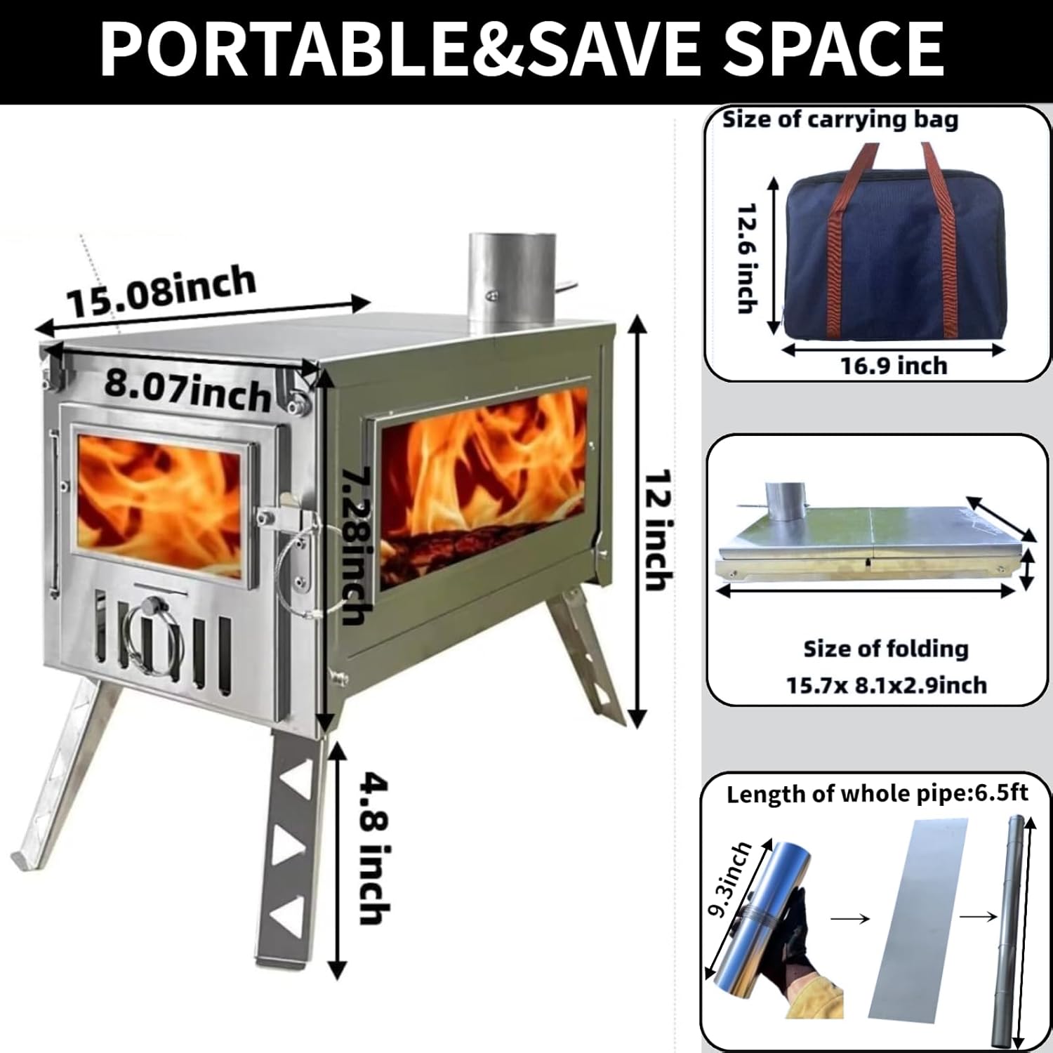 DANCHEL OUTDOOR HS6 Hot Tent Wood Stove with Glass for Camping, 304 Stainless Steel Secondary Combustion Folding Stove Portable with Reinforced Side Backpacking, 6.5ft/2M Chimney - Image 6