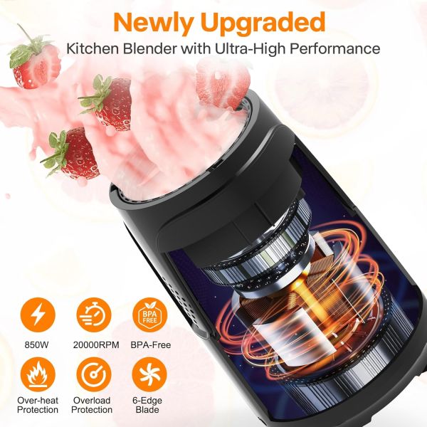 Blender for Shakes and Smoothies, 850W Personal Blender Smoothie Maker, 17 Pieces Countertop Blenders for Kitchen with 6-Edge Blade, Smoothie Blender with 2 * 20 oz To-Go Cups BPA Free, PB-2110 - Image 2