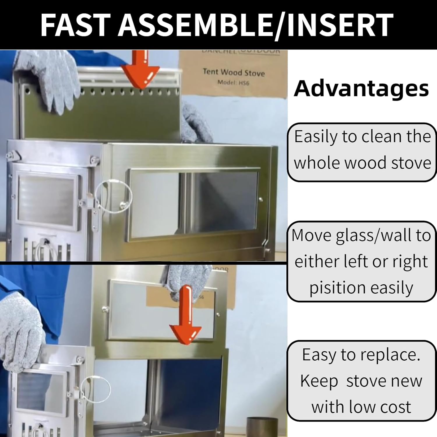 DANCHEL OUTDOOR HS6 Hot Tent Wood Stove with Glass for Camping, 304 Stainless Steel Secondary Combustion Folding Stove Portable with Reinforced Side Backpacking, 6.5ft/2M Chimney - Image 3