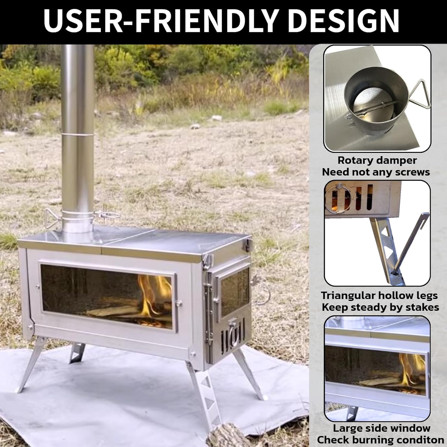 DANCHEL OUTDOOR HS6 Hot Tent Wood Stove with Glass for Camping, 304 Stainless Steel Secondary Combustion Folding Stove Portable with Reinforced Side Backpacking, 6.5ft/2M Chimney - Image 4