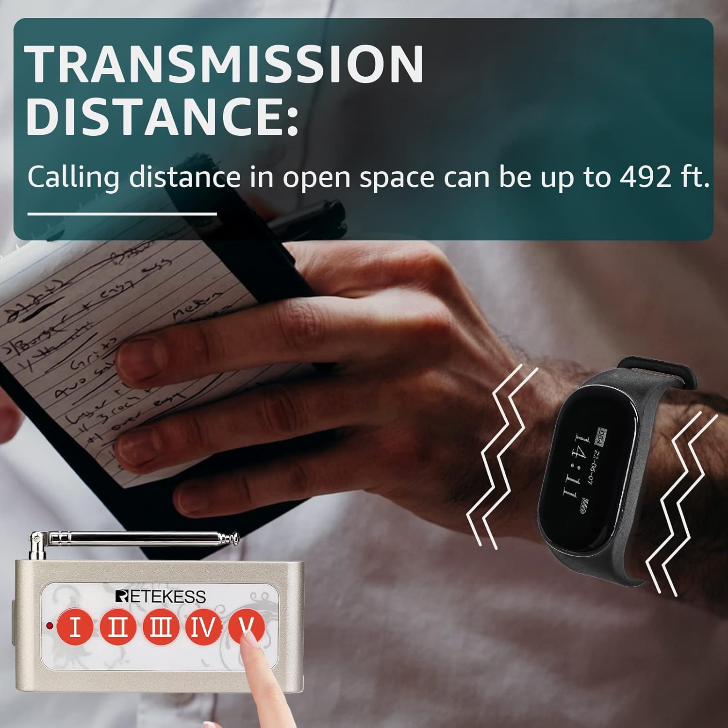 Retekess TD155 Wireless Calling System,Kitchen Paging Waiter System,Wide Range,5 Watch Receiver,1 5-Key Call Button for Restaurant,Kitchen,Clinic,Factory - Image 5