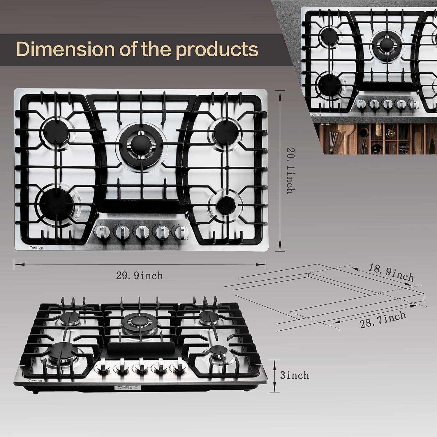 30 inch Gas Cooktops Dual Fuel Sealed 5 Burners Gas Cooktop Built-In Stainless Steel Gas Hob DK257-A03 Gas Cooktop - Image 5