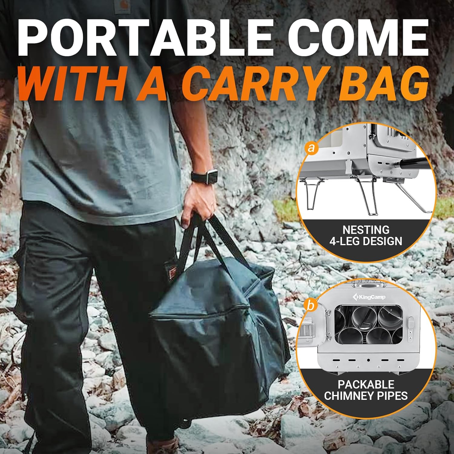 KingCamp Hot Tent Stove, Foldable Camping Stove with Large Firebox, 7.5ft Winter Camping Stove for Tent, Shelter, Cabin Heating, With Chimney Pipes, Heat Resistant Glass & Gloves for Outdoor - Image 6