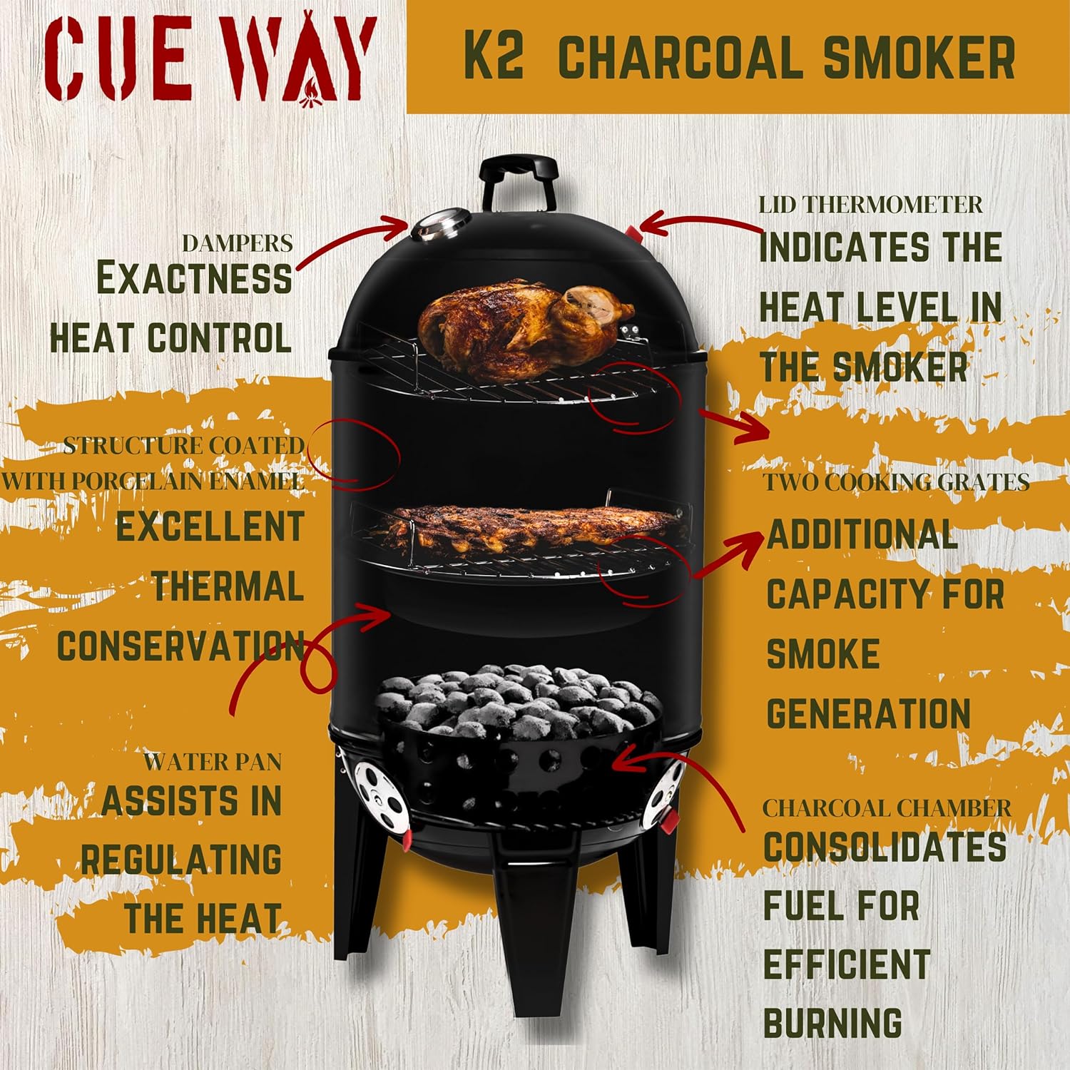 K2 SMOKEGUARDIAN ELITETOWER, Outdoor Charcoal Smoker with Rib Hanger Set,17 inch,Black - Image 2