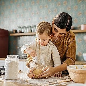 Mom son kitchen bread making cooking flour dough