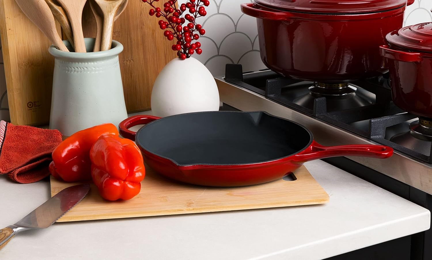 Larder & Vine 5-Piece Enameled Cast Iron Cookware Set - Includes 5.7 Quart Dutch Oven with Lid, 10.25 Inch Skillet, 2.2 Quart Saucepan with Lid (Cabernet) - Image 6