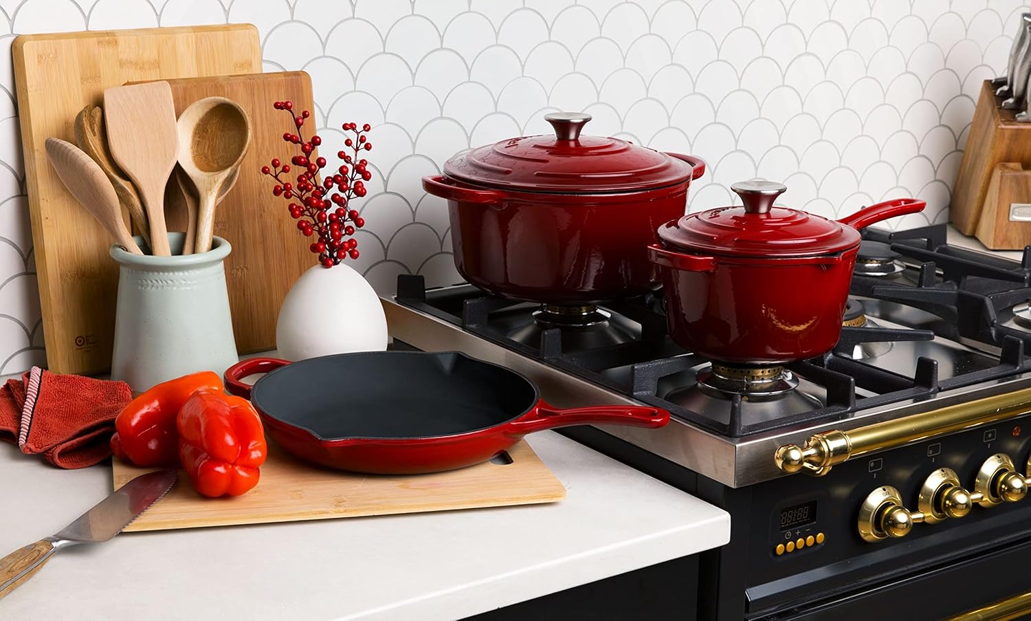 Larder & Vine 5-Piece Enameled Cast Iron Cookware Set - Includes 5.7 Quart Dutch Oven with Lid, 10.25 Inch Skillet, 2.2 Quart Saucepan with Lid (Cabernet) - Image 3