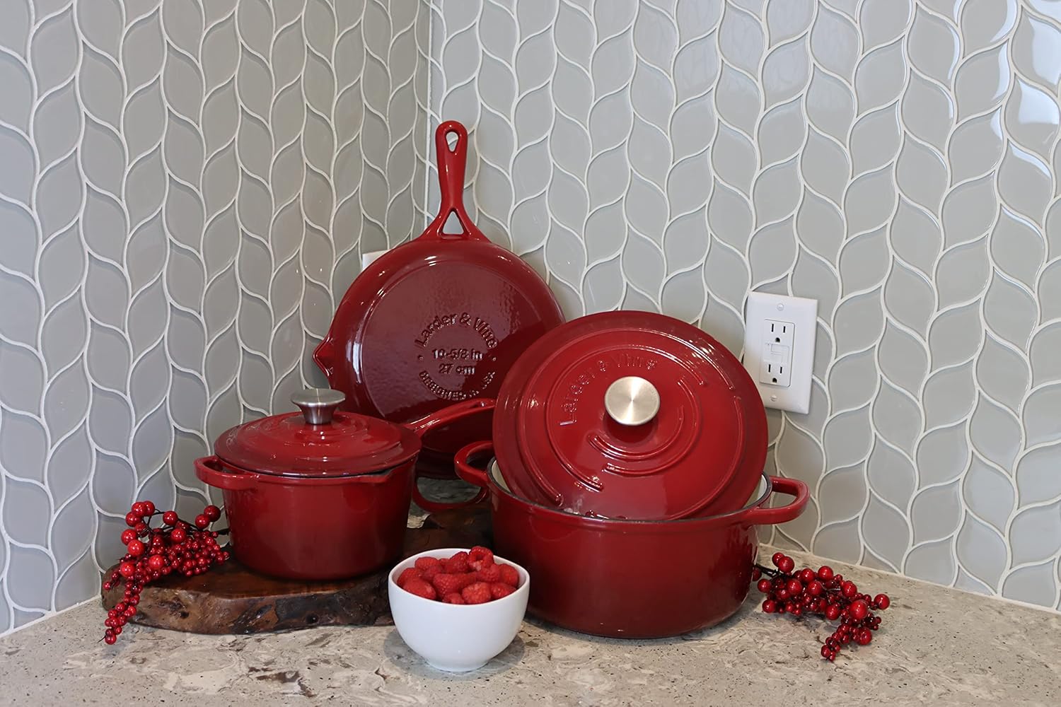 Larder & Vine 5-Piece Enameled Cast Iron Cookware Set - Includes 5.7 Quart Dutch Oven with Lid, 10.25 Inch Skillet, 2.2 Quart Saucepan with Lid (Cabernet) - Image 2