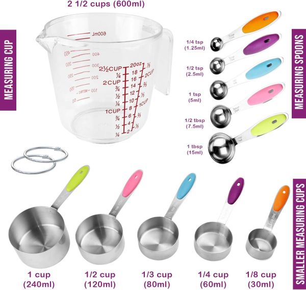 Measuring Cups and Spoons Set 11 Piece. Includes 10 Stainless Steel Measuring Spoons and Cups Set and 1 Plastic Measuring Cup. Liquid Measuring Cups Set and Dry Metal Measuring Cup Set - Image 2