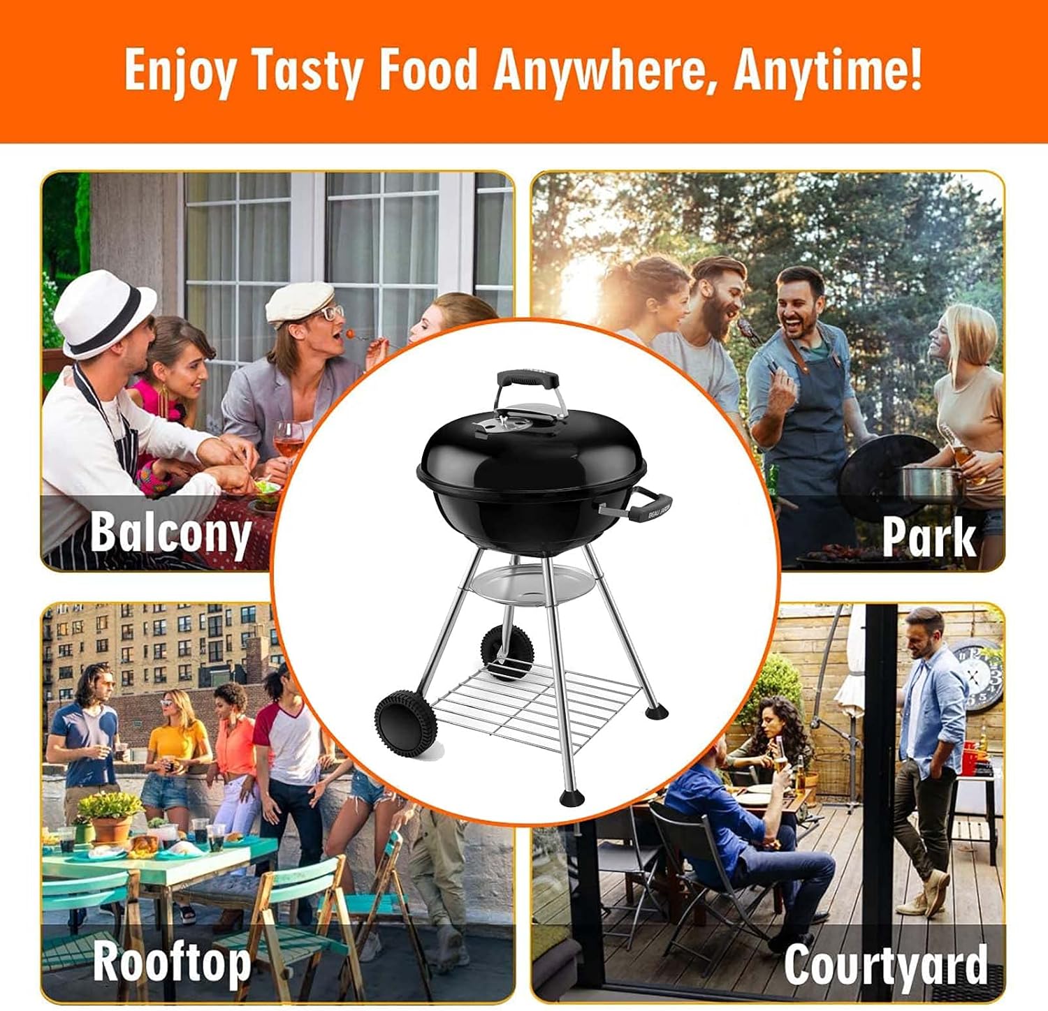 Kettle Charcoal Grill, 22 Inch Barbecue Grill and Smoker for Outdoor Picnic Patio Backyard Camping, Portable BBQ Charcoal Oven with Wheels Shelf, Black - Image 8