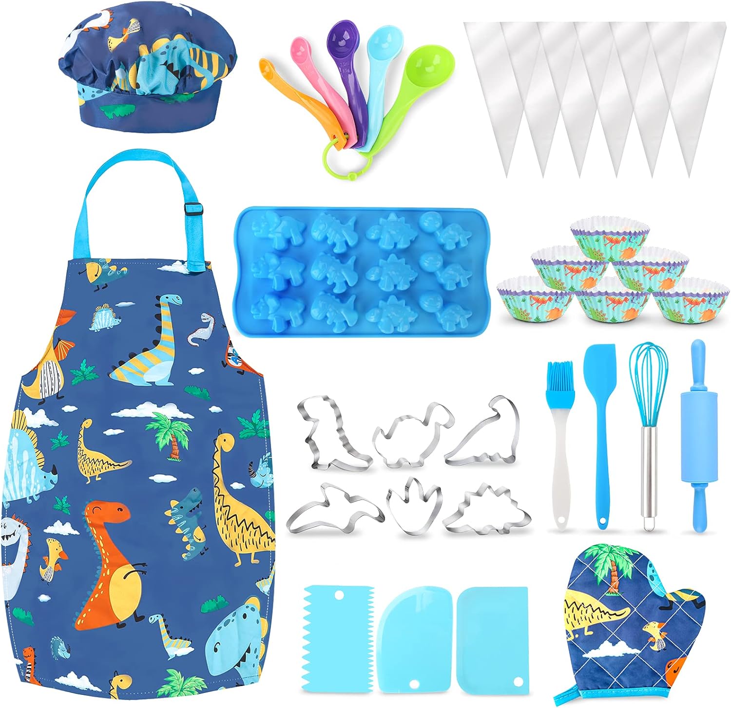 Aoskie Kids Baking Set with Dinosaur Apron and Chef Hat, cooking for kids
