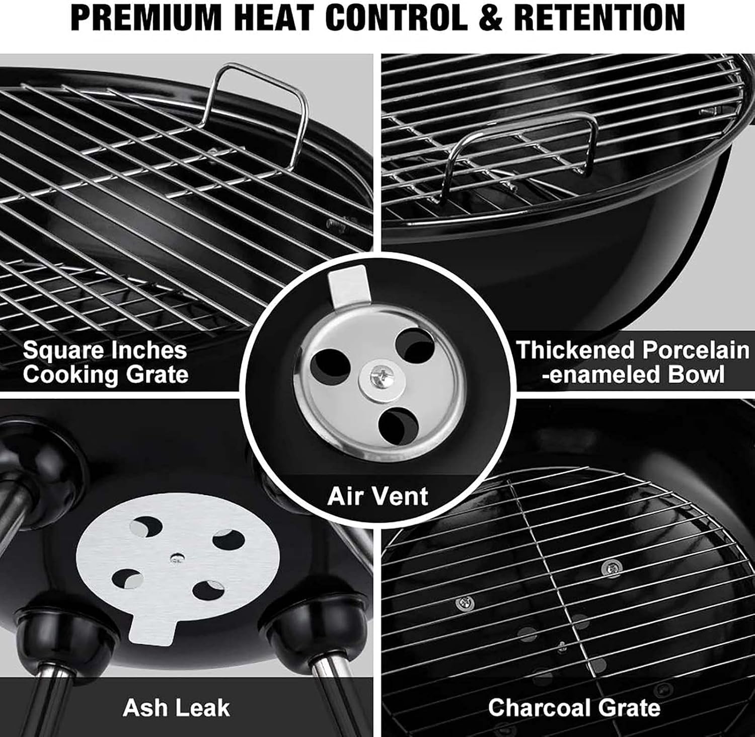 Kettle Charcoal Grill, 22 Inch Barbecue Grill and Smoker for Outdoor Picnic Patio Backyard Camping, Portable BBQ Charcoal Oven with Wheels Shelf, Black - Image 5