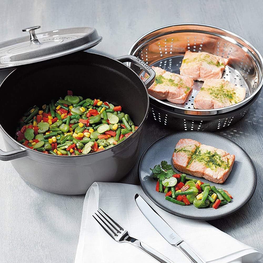 staub La Cocotte Round 40510-606 Pico Cocotte Round Black 10.2 inches (26 cm) Steamer Set, Large, Two-Handed Casting, Enameled Pot, Steamer, Induction Compatible - Image 2