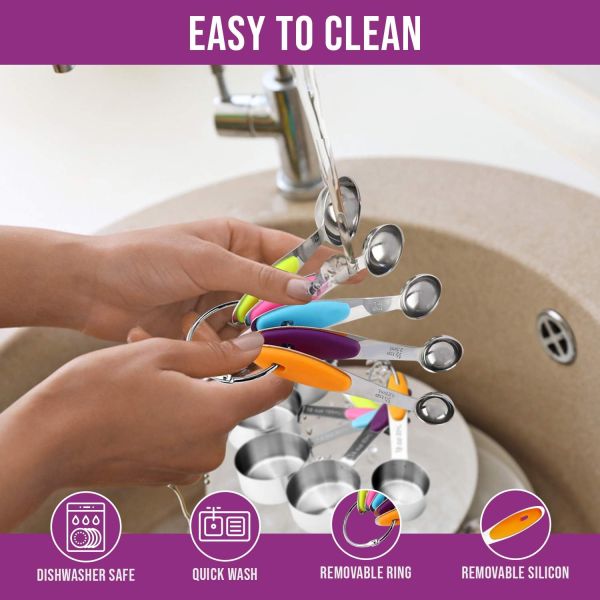 Measuring Cups and Spoons Set 11 Piece. Includes 10 Stainless Steel Measuring Spoons and Cups Set and 1 Plastic Measuring Cup. Liquid Measuring Cups Set and Dry Metal Measuring Cup Set - Image 5