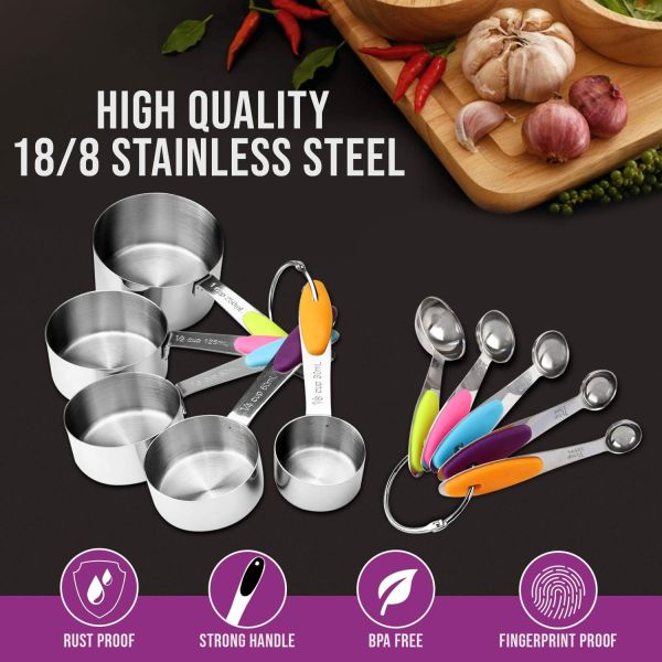 Measuring Cups and Spoons Set 11 Piece. Includes 10 Stainless Steel Measuring Spoons and Cups Set and 1 Plastic Measuring Cup. Liquid Measuring Cups Set and Dry Metal Measuring Cup Set - Image 3