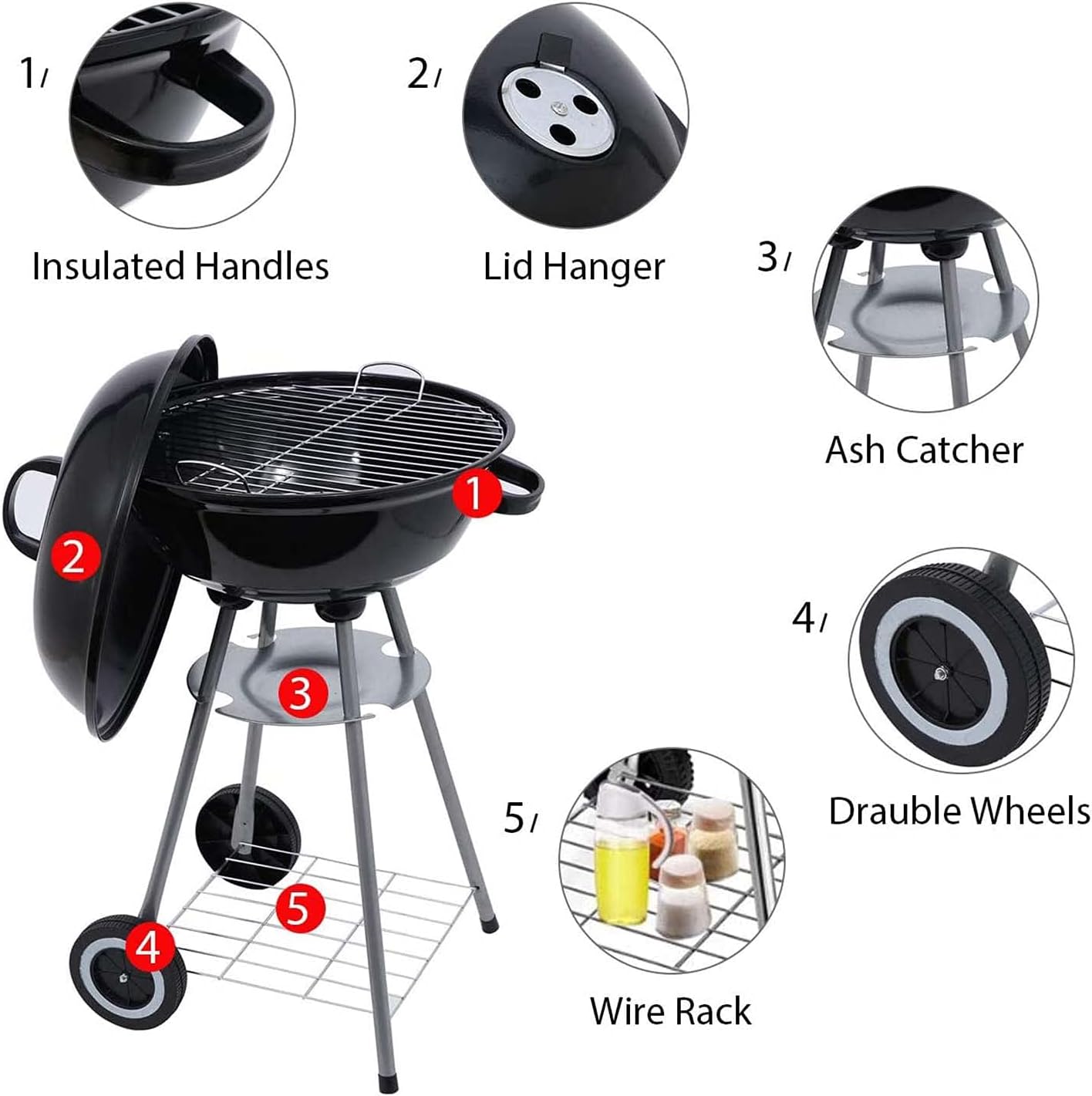 Kettle Charcoal Grill, 22 Inch Barbecue Grill and Smoker for Outdoor Picnic Patio Backyard Camping, Portable BBQ Charcoal Oven with Wheels Shelf, Black - Image 4