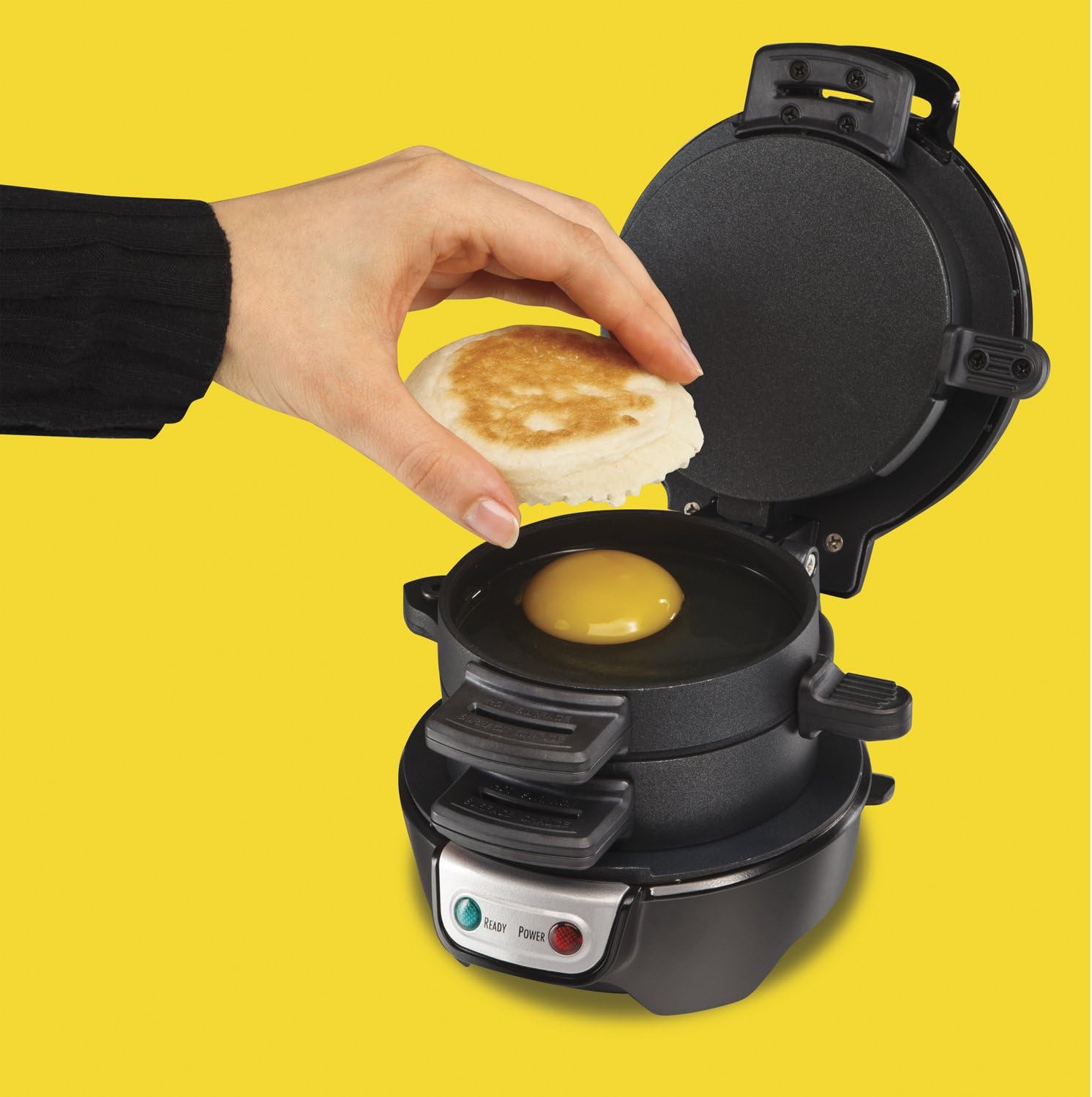 Hamilton Beach Breakfast Sandwich Maker with Egg Cooker Ring, Customize Ingredients, Perfect for English Muffins, Croissants, Mini Waffles, Perfect White Elephant Gifts, Black (25477) - Image 7