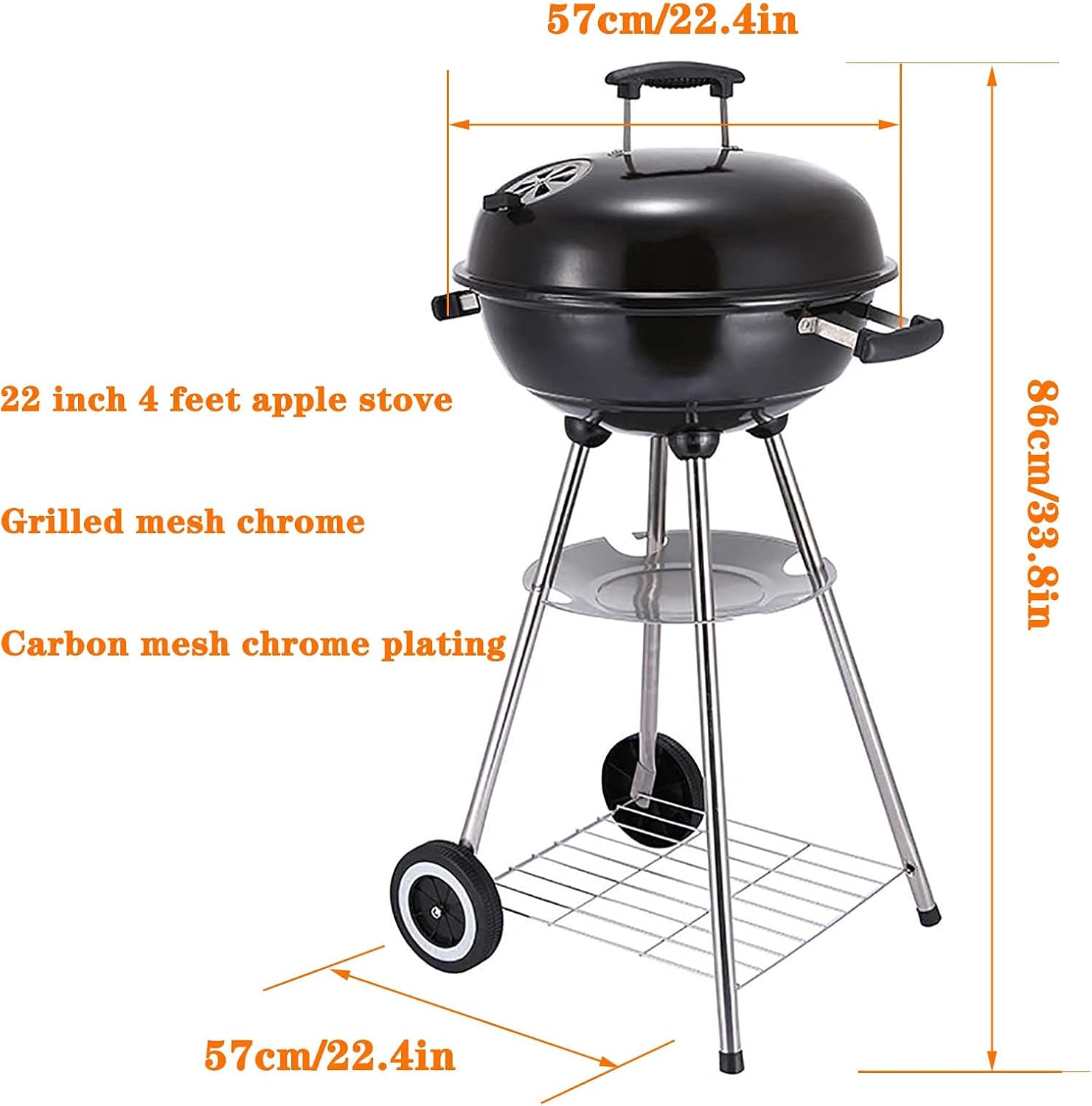 Kettle Charcoal Grill, 22 Inch Barbecue Grill and Smoker for Outdoor Picnic Patio Backyard Camping, Portable BBQ Charcoal Oven with Wheels Shelf, Black - Image 6