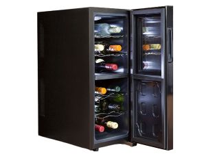 Koolatron's 12 bottle dual zone thermo electric wine fridge, open, on a white background