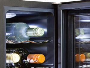 Closeup of the bright, heat-free, efficient interior light in the Koolatron wine fridge