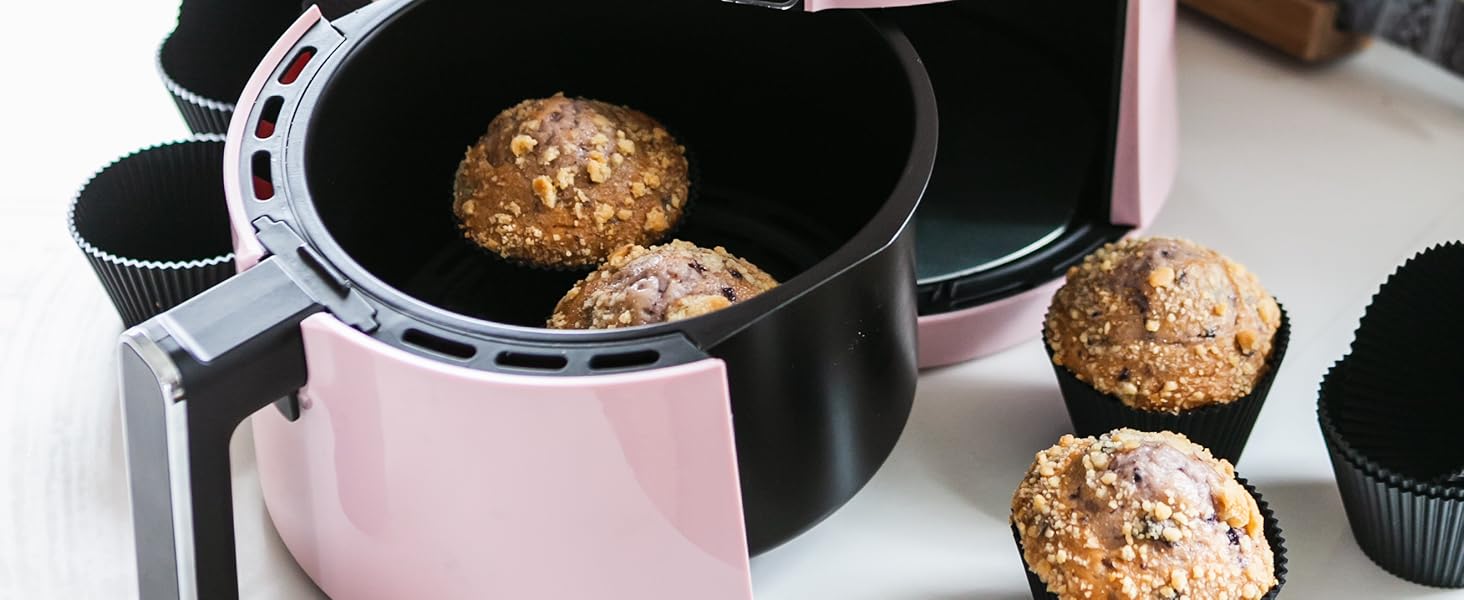 Silicone baking cups with muffins in an air fryer