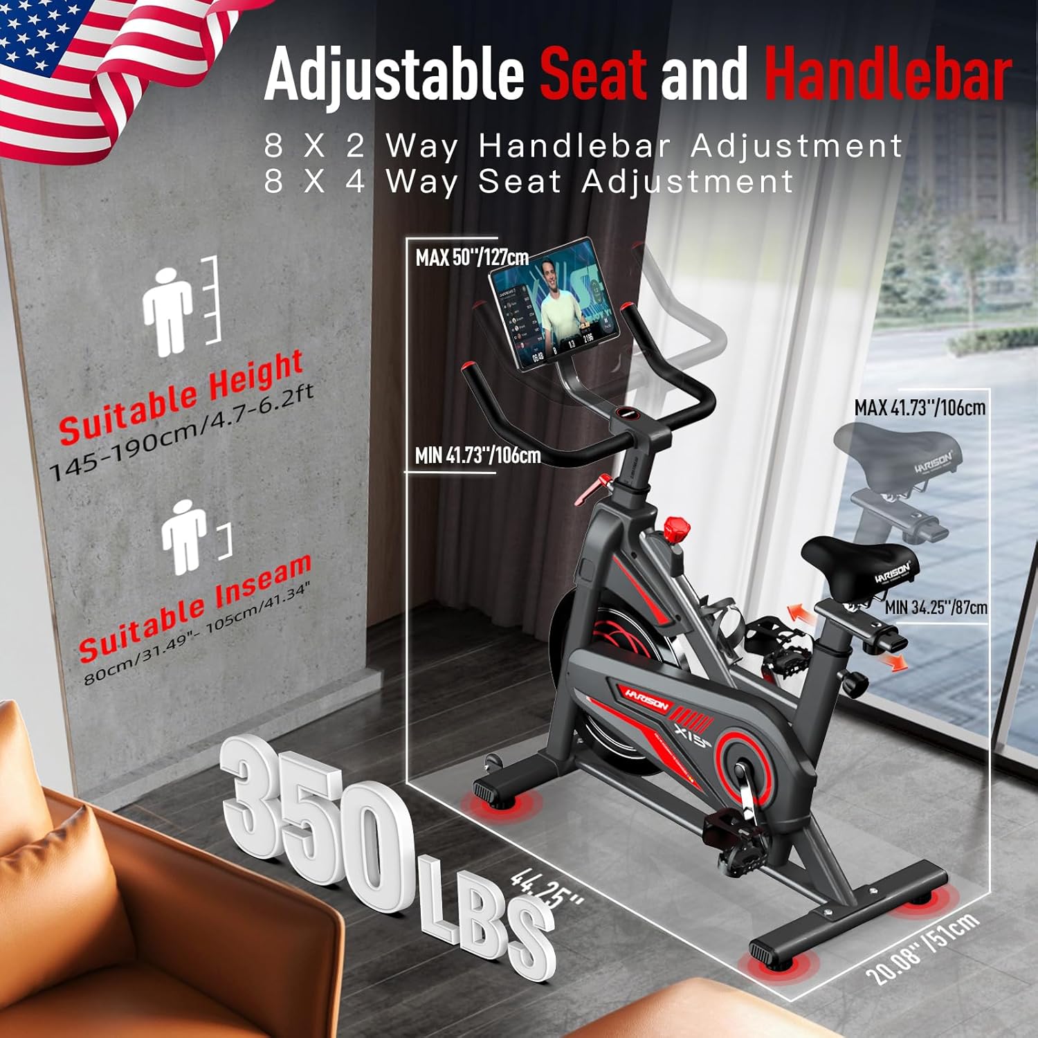 HARISON Magnetic/Brake Pad Exercise Bike 350lbs Capacity, Bluetooth Stationary Bikes for Home with Tablet Holder & Comfortable Seat Cushion - Image 5