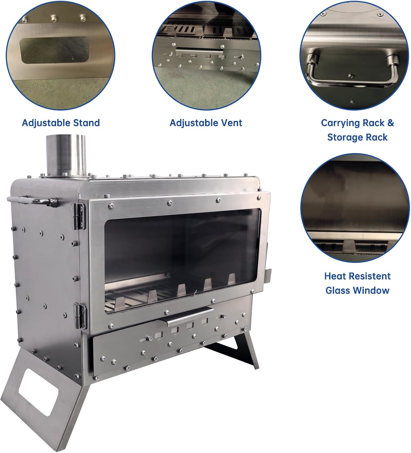 Stainless Steel Outdoor Portable Firewood Stove, Heating Camping Travel Tent Stove With Chimney Pipe, Used For Tent, Camping Heating And Cooking - Image 3