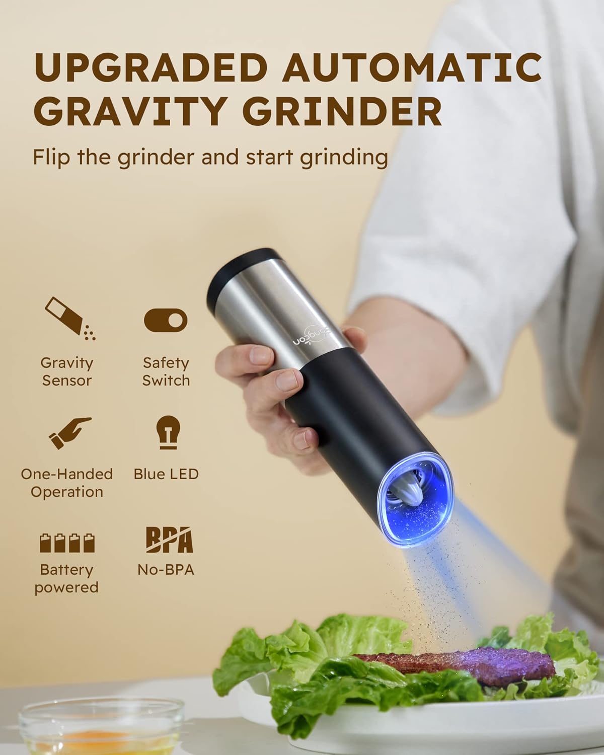 Sangcon Gravity Electric Salt and Pepper Grinder Set With Safety Switch, Battery Powered Salt Shakers Mill with LED Light, Adjustable Coarseness, One Hand Automatic Operation - Image 2