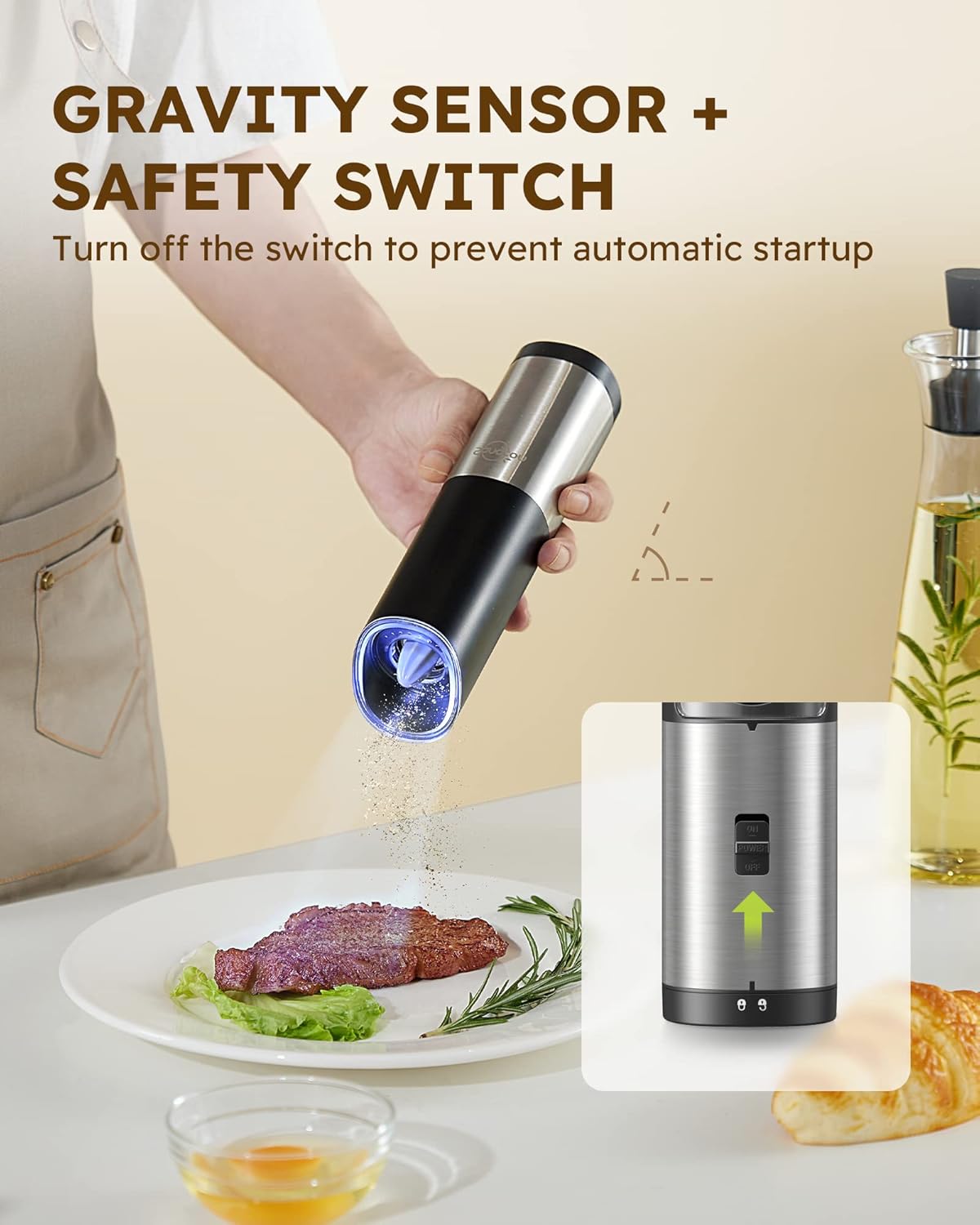 Sangcon Gravity Electric Salt and Pepper Grinder Set With Safety Switch, Battery Powered Salt Shakers Mill with LED Light, Adjustable Coarseness, One Hand Automatic Operation - Image 7