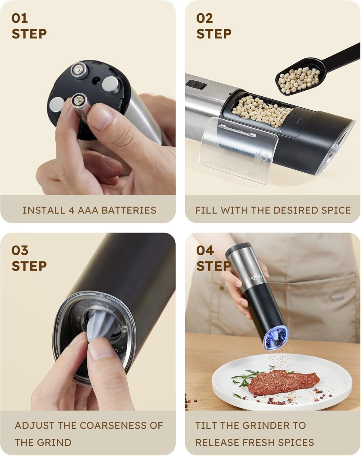 Sangcon Gravity Electric Salt and Pepper Grinder Set With Safety Switch, Battery Powered Salt Shakers Mill with LED Light, Adjustable Coarseness, One Hand Automatic Operation - Image 8