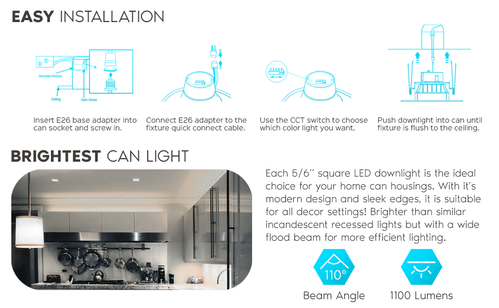 Luxrite LED Dimmable Recessed Can Light Retrofit Downlight CCT Adjustable 5 Color Temperature Square